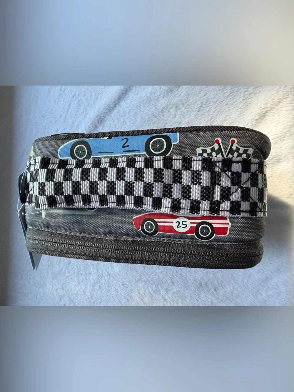 Pottery Barn Kids Gray Lunch Bag with Colorful Race Cars
